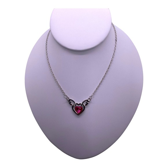 Imitation Dark Pink Crystal Rhinestone Gemstone Angel Wings Heart Necklace - Picture 5 of 11
